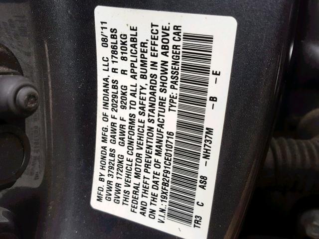 19XFB2F91CE010716 - 2012 HONDA CIVIC EXL GRAY photo 10