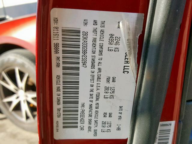 2B3KA33G98H232847 - 2008 DODGE CHARGER SX RED photo 10