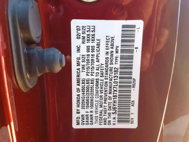 5J6YH187X7L013182 - 2007 HONDA ELEMENT EX RED photo 10