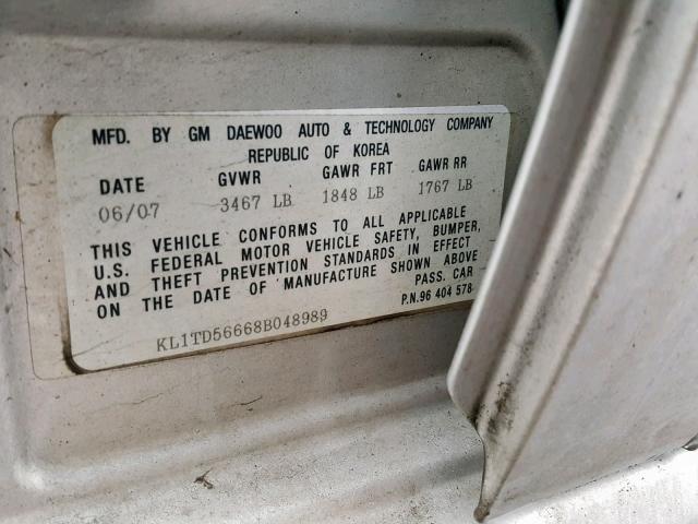 KL1TD56668B048989 - 2008 CHEVROLET AVEO BASE ვერცხლისფერი ფოტო 10