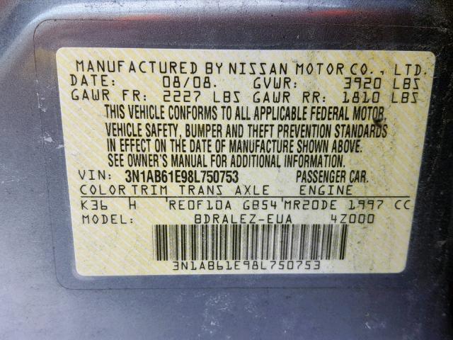 3N1AB61E98L750753 - 2008 NISSAN SENTRA 2.0 GRAY photo 10