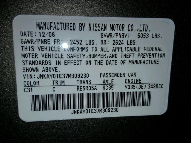 JNKAY01E37M309230 - 2007 INFINITI M35 BASE CHARCOAL photo 10