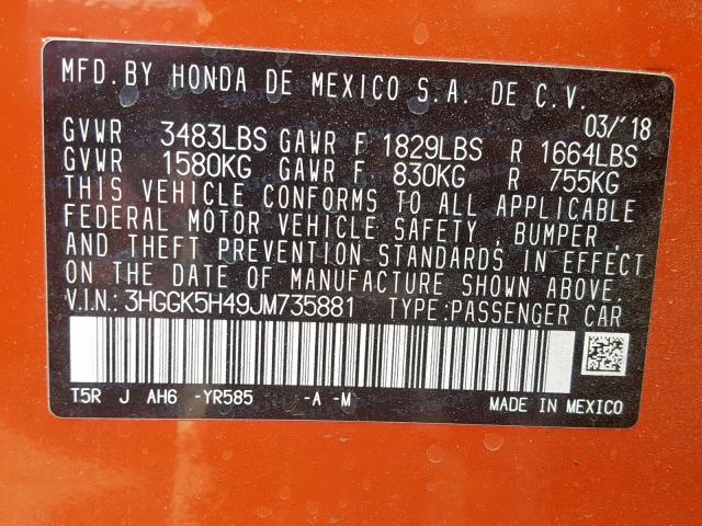 3HGGK5H49JM735881 - 2018 HONDA FIT LX ORANGE photo 10