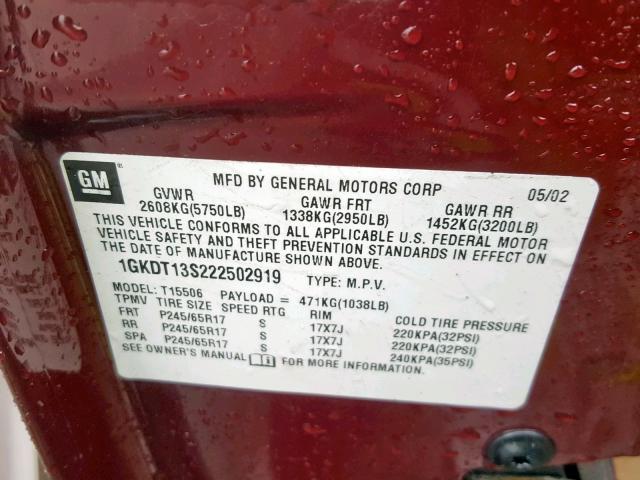 1GKDT13S222502919 - 2002 GMC ENVOY RED photo 10