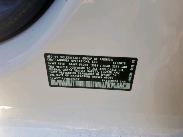 1VWDT7A36HC024031 - 2017 VOLKSWAGEN PASSAT R-L WHITE photo 10