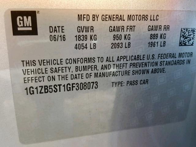 1G1ZB5ST1GF308073 - 2016 CHEVROLET MALIBU LS SILVER photo 10