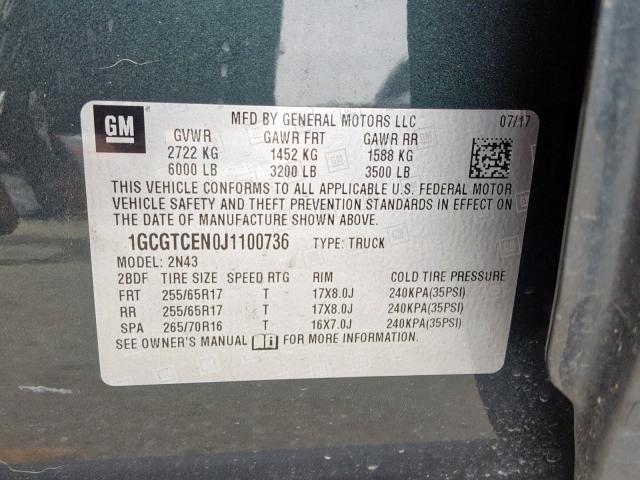 1GCGTCEN0J1100736 - 2018 CHEVROLET COLORADO L CHARCOAL photo 10