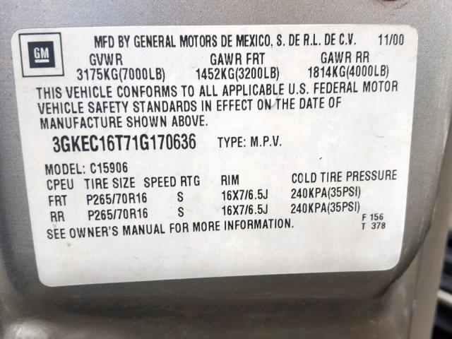 3GKEC16T71G170636 - 2001 GMC YUKON XL C BROWN photo 10