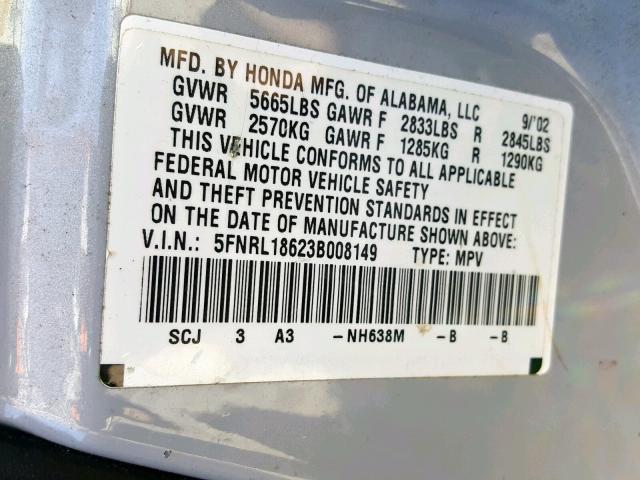 5FNRL18623B008149 - 2003 HONDA ODYSSEY EX SILVER photo 10