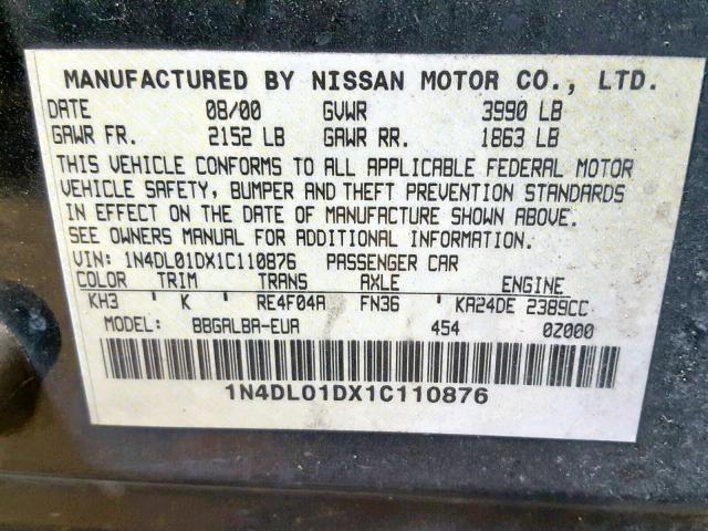 1N4DL01DX1C110876 - 2001 NISSAN ALTIMA XE BLACK photo 10