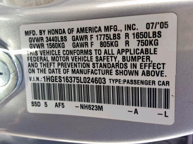 1HGES16375L024603 - 2005 HONDA CIVIC DX V SILVER photo 10