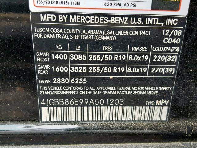 4JGBB86E99A501203 - 2009 MERCEDES-BENZ ML 350 BLACK photo 10