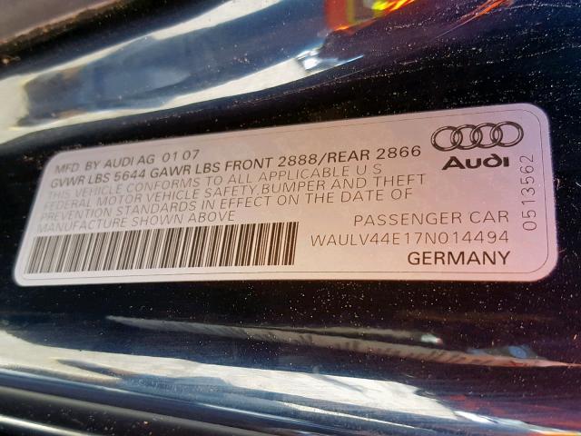 WAULV44E17N014494 - 2007 AUDI A8 4.2 QUA BLACK photo 10