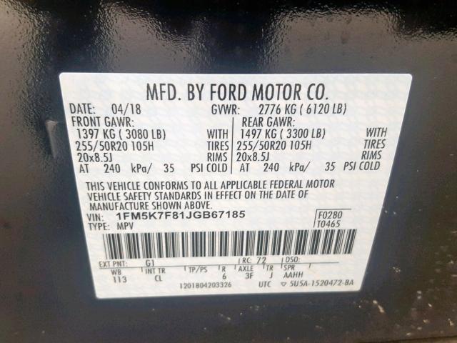 1FM5K7F81JGB67185 - 2018 FORD EXPLORER L BLACK photo 10