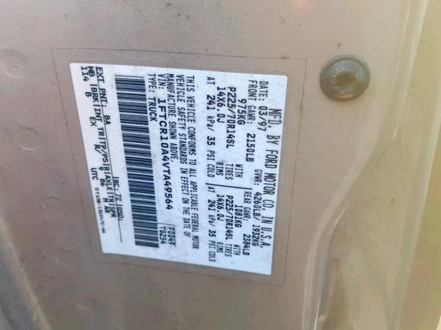 1FTCR10A4VTA49564 - 1997 FORD RANGER GOLD photo 10