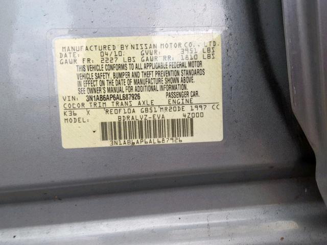 3N1AB6AP6AL687926 - 2010 NISSAN SENTRA 2.0 SILVER photo 10