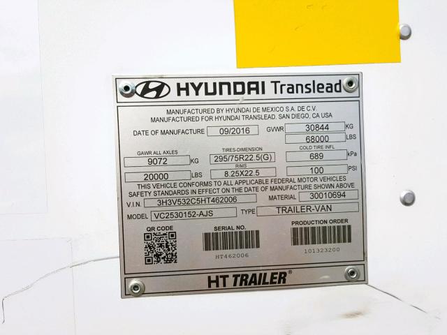 3H3V532C5HT462006 - 2017 HYUNDAI HDM 53' WHITE photo 10