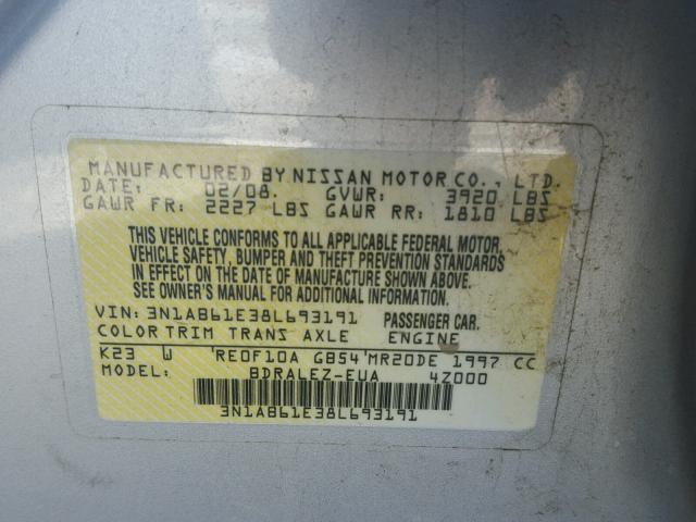 3N1AB61E38L693191 - 2008 NISSAN SENTRA 2.0 SILVER photo 10