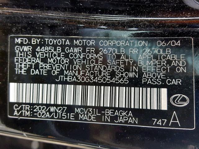 JTHBA30G345054565 - 2004 LEXUS ES 330 BLACK photo 10