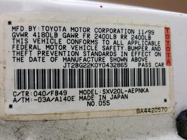 JT2BG22K0Y0432865 - 2000 TOYOTA CAMRY CE WHITE photo 10