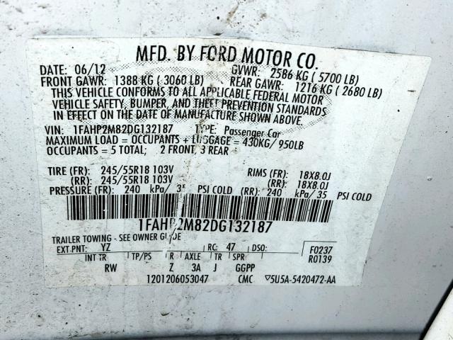 1FAHP2M82DG132187 - 2013 FORD TAURUS POL WHITE photo 10