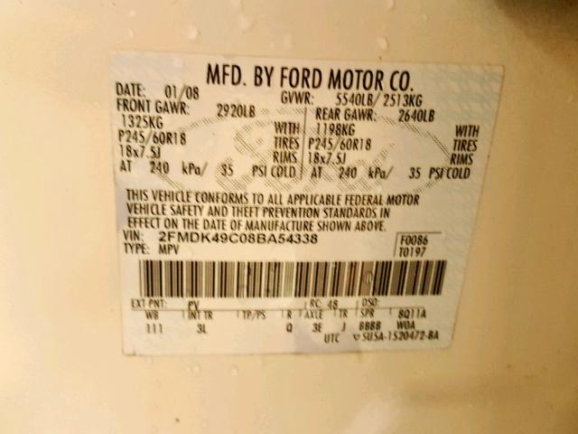 2FMDK49C08BA54338 - 2008 FORD EDGE LIMIT WHITE photo 10