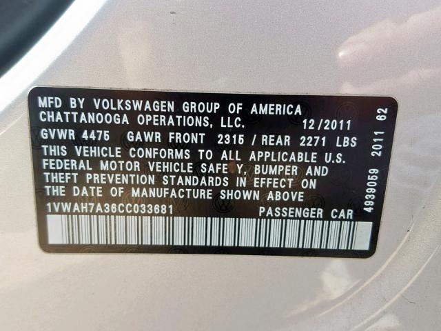 1VWAH7A36CC033681 - 2012 VOLKSWAGEN PASSAT S SILVER photo 10