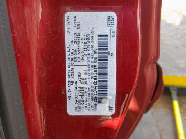 4N2DN11W4SD831859 - 1995 NISSAN QUEST XE BURGUNDY photo 10