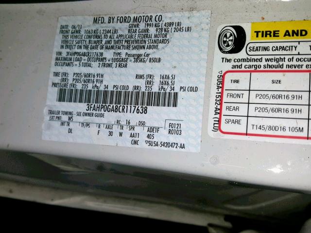 3FAHP0GA8CR117638 - 2012 FORD FUSION S WHITE photo 10