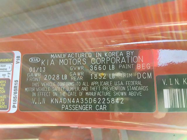 KNADN4A35D6225842 - 2013 KIA RIO EX RED photo 10