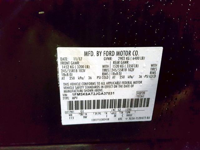 1FM5K8AT2JGA37031 - 2018 FORD EXPLORER P BLACK photo 10