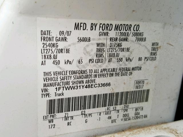 1FTWW31Y48EC33666 - 2008 FORD F350 SRW S WHITE photo 10