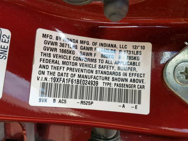 19XFA1F61BE024939 - 2011 HONDA CIVIC LX-S Tünd qırmızı foto 10