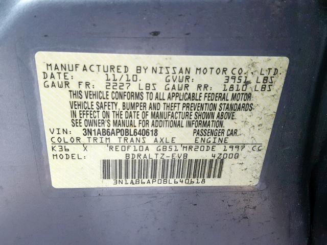 3N1AB6AP0BL640618 - 2011 NISSAN SENTRA 2.0 GRAY photo 10