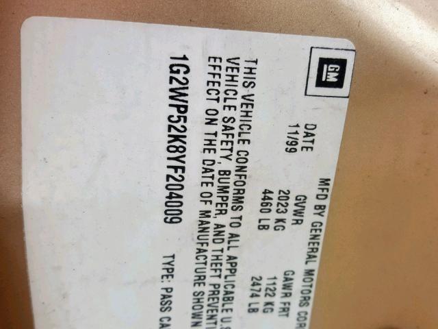 1G2WP52K8YF204009 - 2000 PONTIAC GRAND PRIX GOLD photo 10