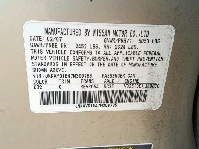 JNKAY01E47M309785 - 2007 INFINITI M35 BASE SILVER photo 10