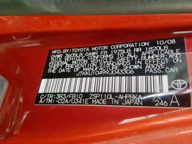 JTKKU10499J043306 - 2009 SCION XD RED photo 10