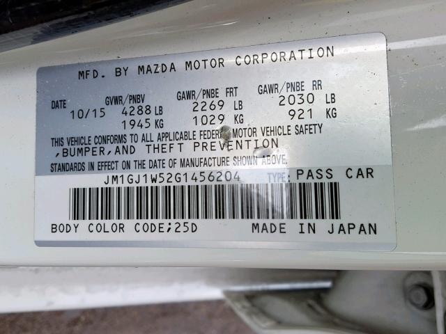 JM1GJ1W52G1456204 - 2016 MAZDA 6 GRAND TO WHITE photo 10