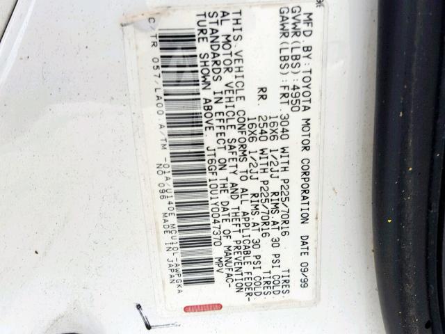 JT6GF10U1Y0047370 - 2000 LEXUS RX 300 WHITE photo 10