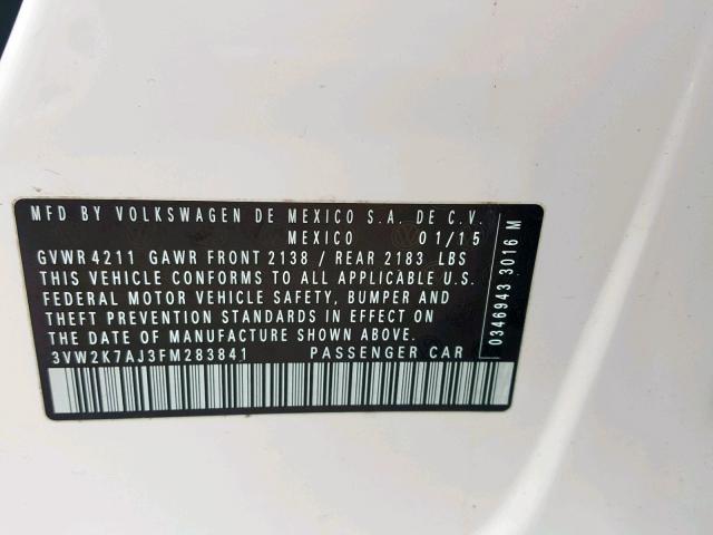 3VW2K7AJ3FM283841 - 2015 VOLKSWAGEN JETTA BASE WHITE photo 10