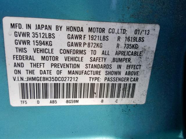 JHMGE8H35DC027212 - 2013 HONDA FIT TEAL photo 10