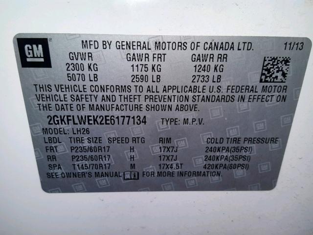 2GKFLWEK2E6177134 - 2014 GMC TERRAIN SL WHITE photo 10