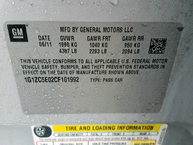 1G1ZC5E02CF101992 - 2012 CHEVROLET MALIBU 1LT SILVER photo 10