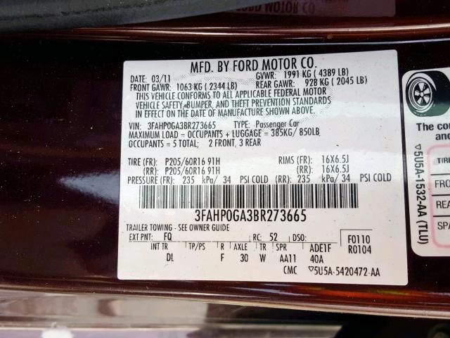 3FAHP0GA3BR273665 - 2011 FORD FUSION S MAROON photo 10