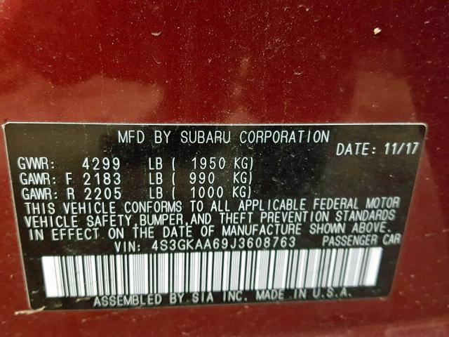 4S3GKAA69J3608763 - 2018 SUBARU IMPREZA BURGUNDY photo 10