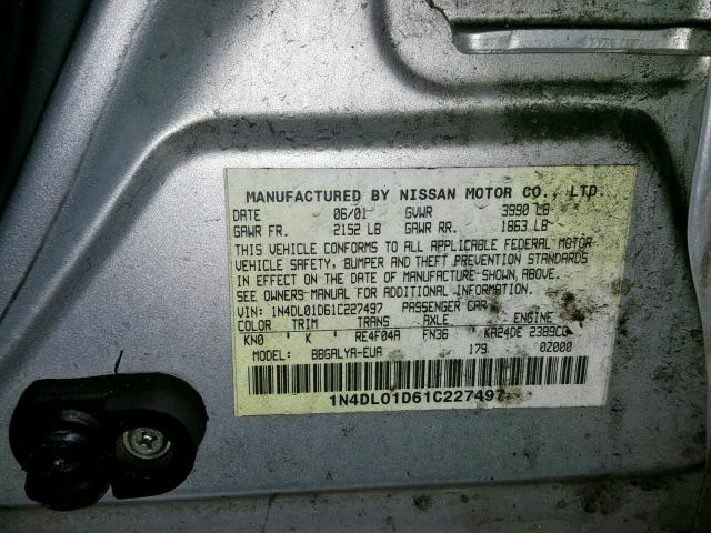 1N4DL01D61C227497 - 2001 NISSAN ALTIMA XE SILVER photo 10