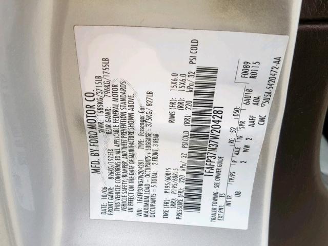 1FAFP37N37W204281 - 2007 FORD FOCUS ZX5 SILVER photo 10