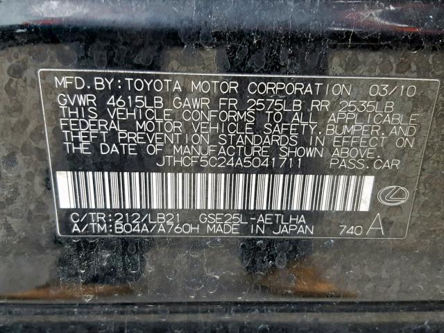 JTHCF5C24A5041711 - 2010 LEXUS IS 250 BLACK photo 10