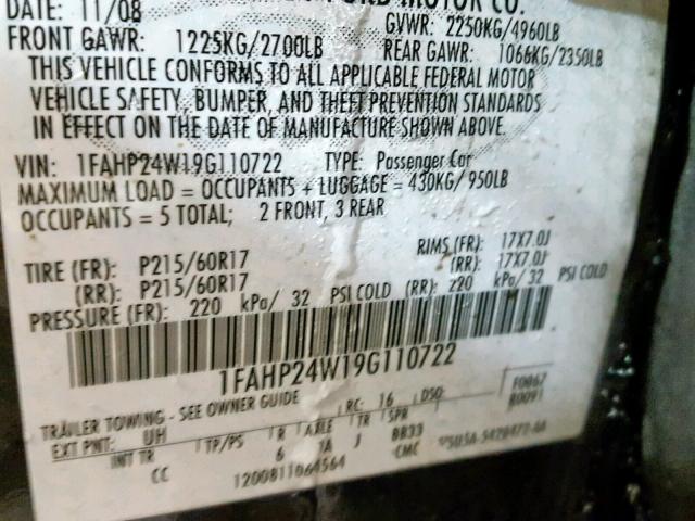 1FAHP24W19G110722 - 2009 FORD TAURUS SEL BLACK photo 10