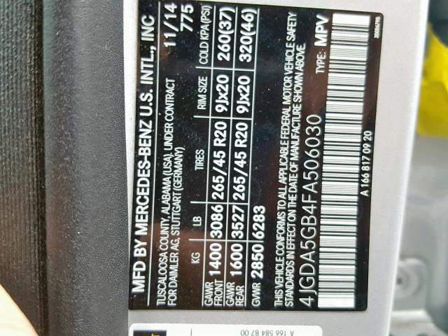 4JGDA5GB4FA506030 - 2015 MERCEDES-BENZ ML 400 4MA SILVER photo 10